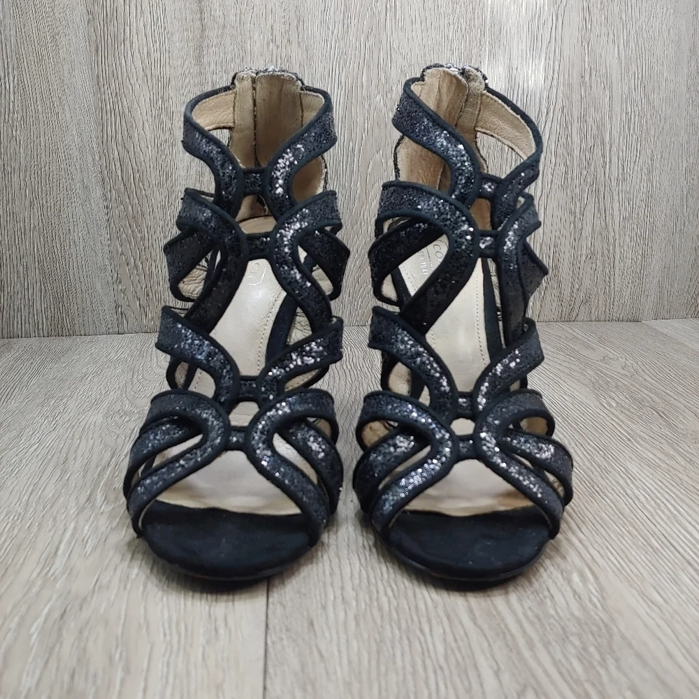 Coach Ludlow Strappy Glitter Caged Heels Sandals Black Leather Suede‎ 6 A4529